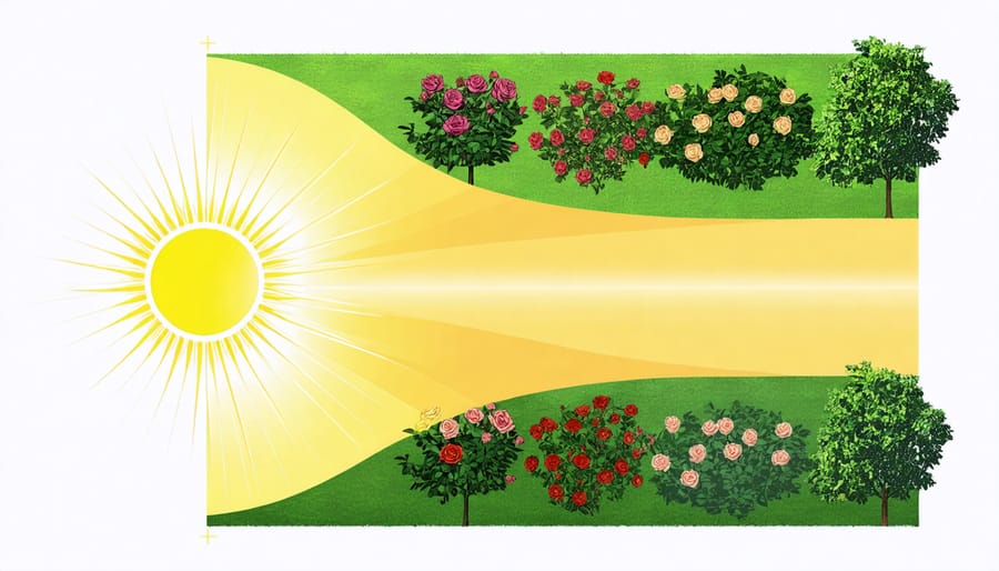 Illustrated garden map with sun tracking patterns and suggested rose planting locations