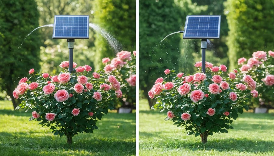 Demonstration of solar-powered drip irrigation system next to traditional watering method