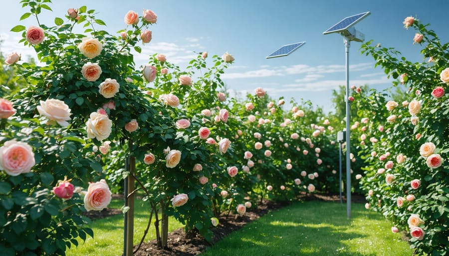 Vibrant rose garden showcasing solar-powered innovations such as climbing roses on trellises, solar drip irrigation, and gentle solar garden lights, embodying eco-friendly gardening techniques.