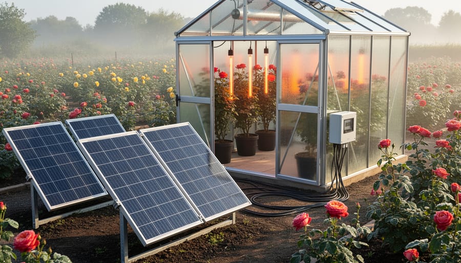 Small greenhouse with roses and portable solar panel in Irish garden setting