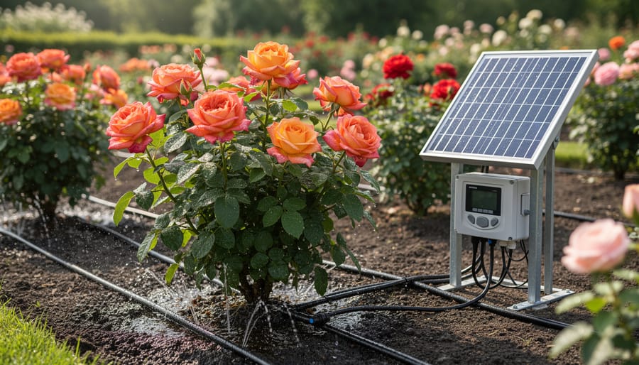 Solar-powered drip irrigation system watering rose plant with visible water droplets
