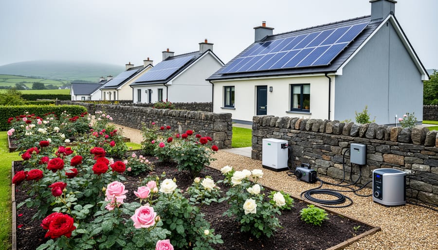 Solar panels installed on residential roof with blooming rose garden visible below