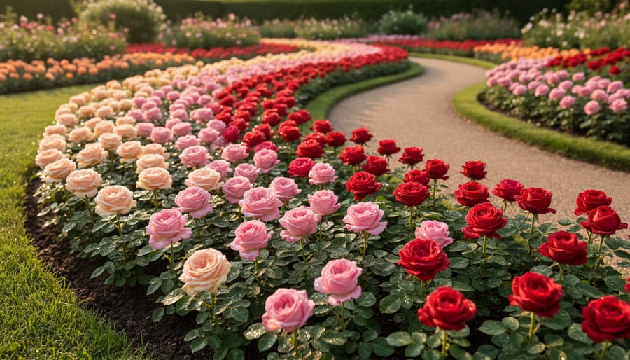 Colorful miniature roses in pink and coral shades growing in layered garden border