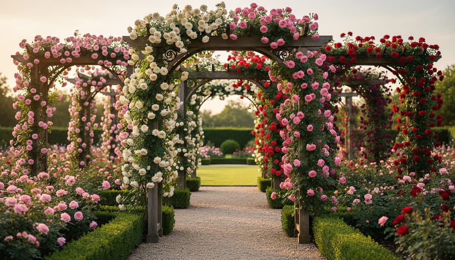 White garden arbor covered with climbing roses along stone pathway
