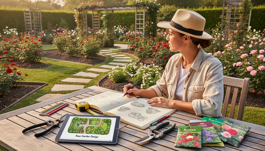 Gardener's hands holding planning notebook over rose garden sketch