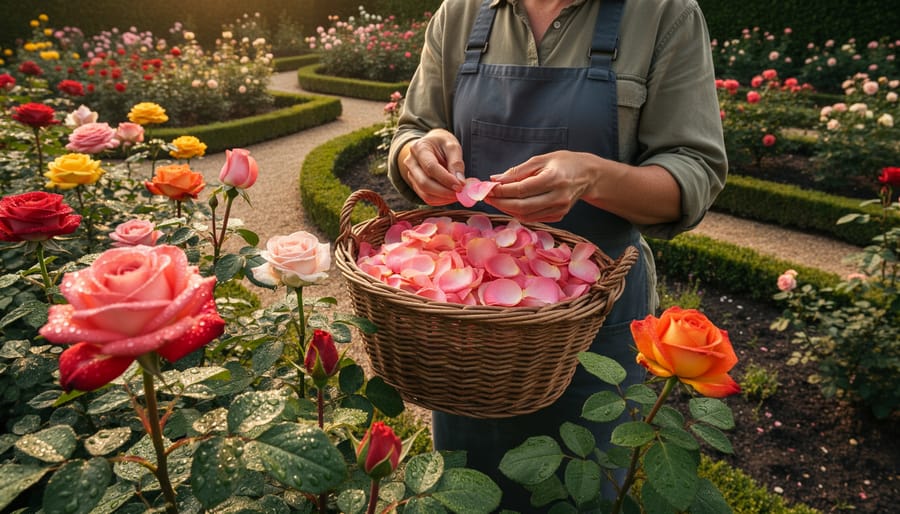 Fresh rose petals on wooden garden table with pruning shears and collection bowl