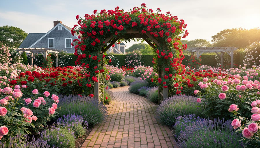 Eye-level view of a New England rose garden with a climbing rose covering a wooden arbor, layered hybrid teas and floribundas, miniature edging, and lavender, catmint, and salvia along a curved brick path in warm morning light, with a shingled house and pergola softly in the background.