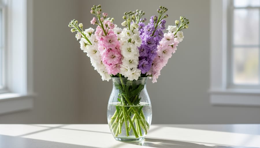 Stock flowers in a vase on a patio table with pruning shears nearby