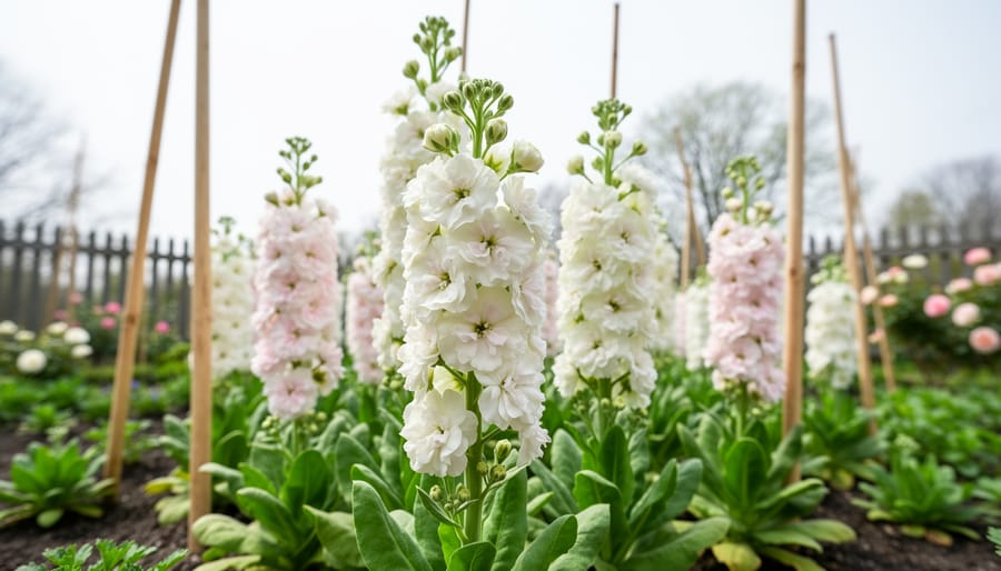 “Tall stock flowers (Matthiola) with ruffled blooms in an early spring garden, supported by wooden stakes with miniature roses in the blurred background.”