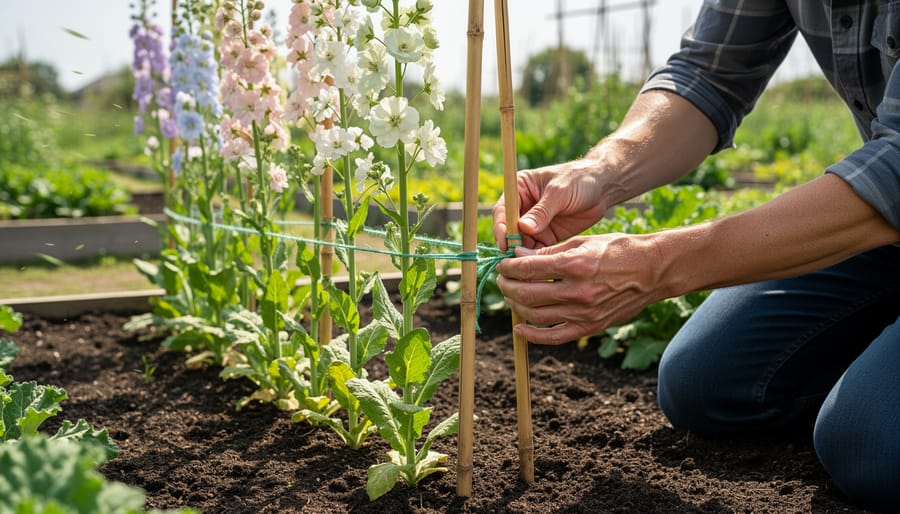 Gardener placing bamboo support sticks among young stock plants in a garden bed