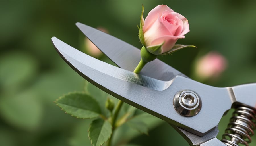 Close-up of gardening scissors with detailed blades placed on soil and cloth