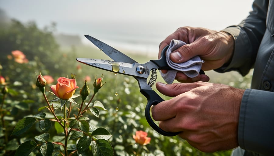 Gardening scissors with cleaning and oiling supplies arranged on a work surface
