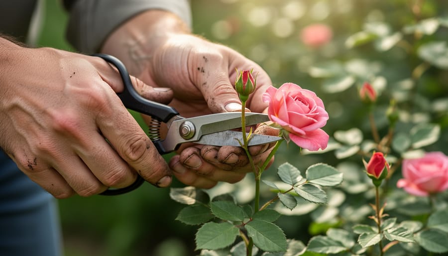 Gardener’s hands using compact gardening scissors to cut a miniature rose bloom