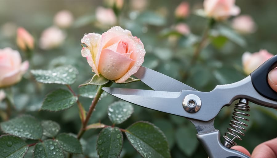 Close-up of gardening scissors trimming a miniature rose bloom with soft coastal daylight and blurred rose foliage in the background.