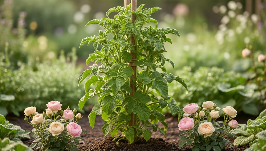 Upright stock flower plant with blooms in a cottage garden bed near miniature roses