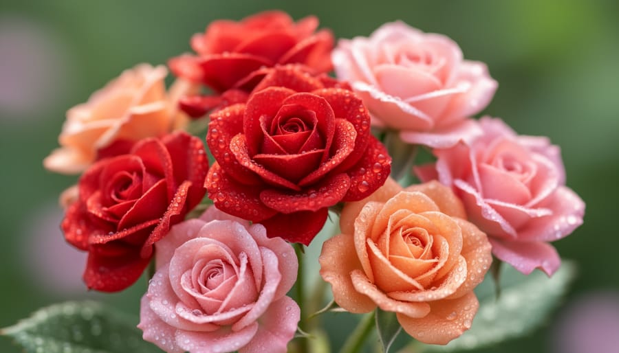 Close view of miniature rose blossoms in pink, red, and white with soft sunlight and blurred green foliage in the background.