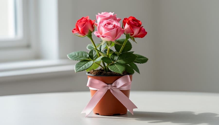 Hands tying a satin ribbon around a bouquet of miniature roses with dew on the petals in soft natural light.
