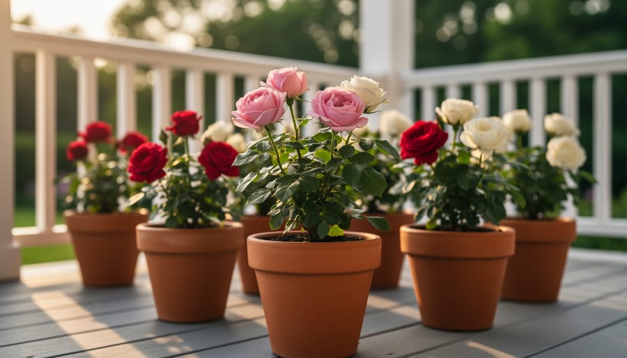 Close-up view of miniature rose plants in terra-cotta pots with small pink, red, and white blossoms on a sunlit porch.