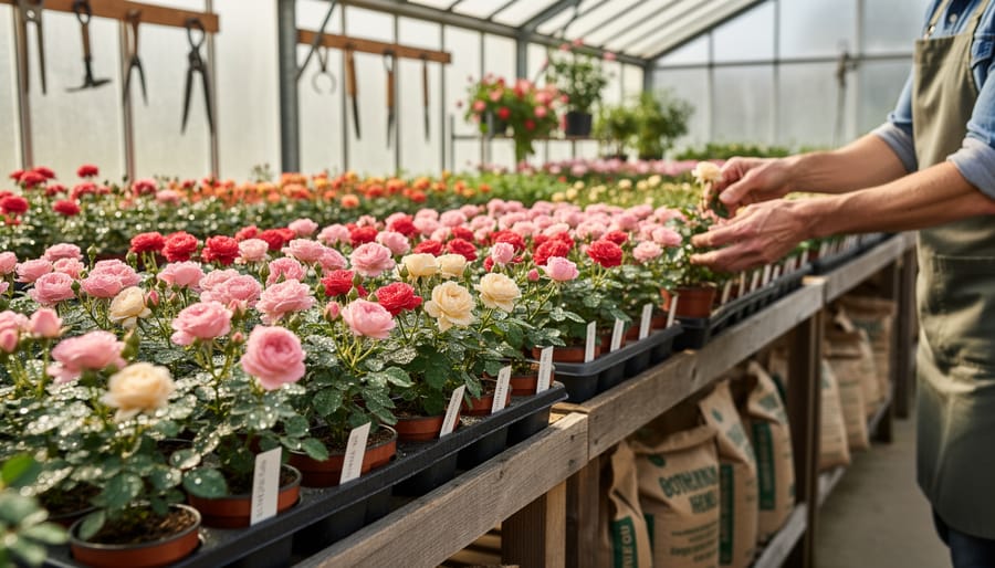 Miniature rose pots on a greenhouse bench with blank rose tags and neatly arranged foliage in a tidy nursery environment.