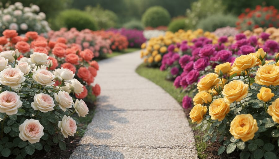 Miniature roses in lavender and yellow along a garden path with a rustic fence and a watering can in the softly blurred background.