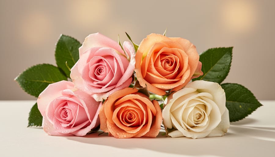 Seven red miniature roses arranged in a small glass vase on a dark wooden table
