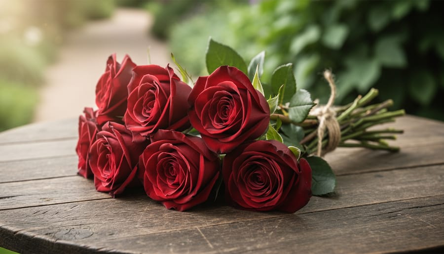 “Close-up of seven deep-red roses in a hand-tied bouquet on a rustic wooden table with soft garden background.”