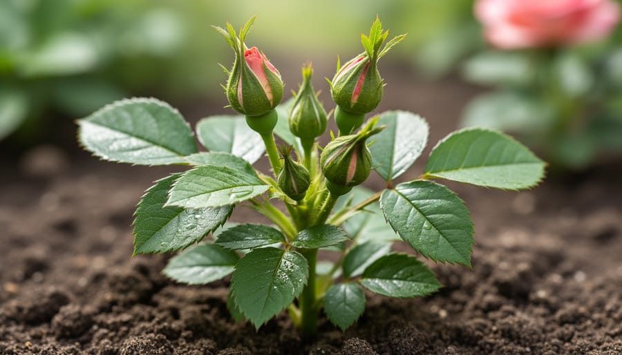 Outdoor miniature roses with healthy green leaves and visible buds in a garden bed