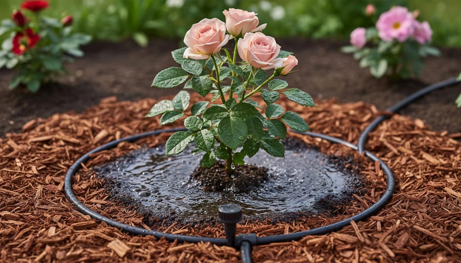 Close-up of miniature rose base with mulch and a watering basin in surrounding soil