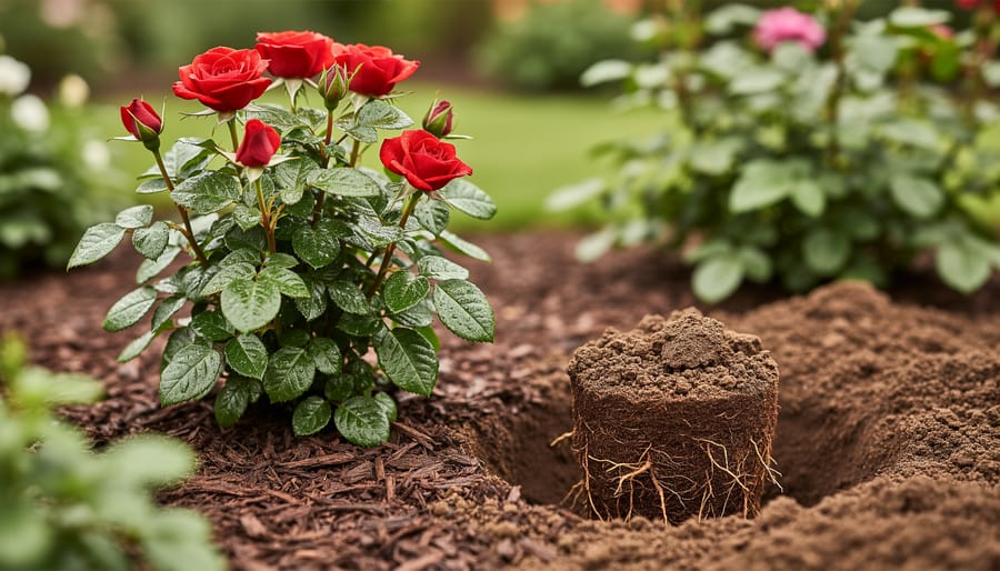 Miniature rose plant freshly planted outdoors in a sunlit garden bed with surrounding green foliage and prepared soil.