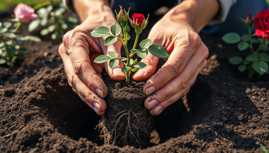 Gardener wearing protective gloves placing a miniature rose into an outdoor planting hole with soil and garden bed in the background
