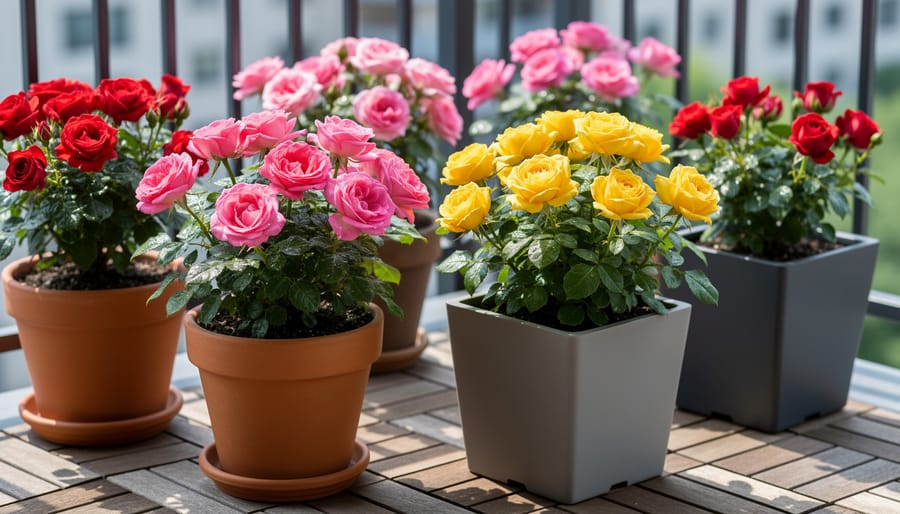Miniature rose plant growing in a terracotta pot on a sunny patio