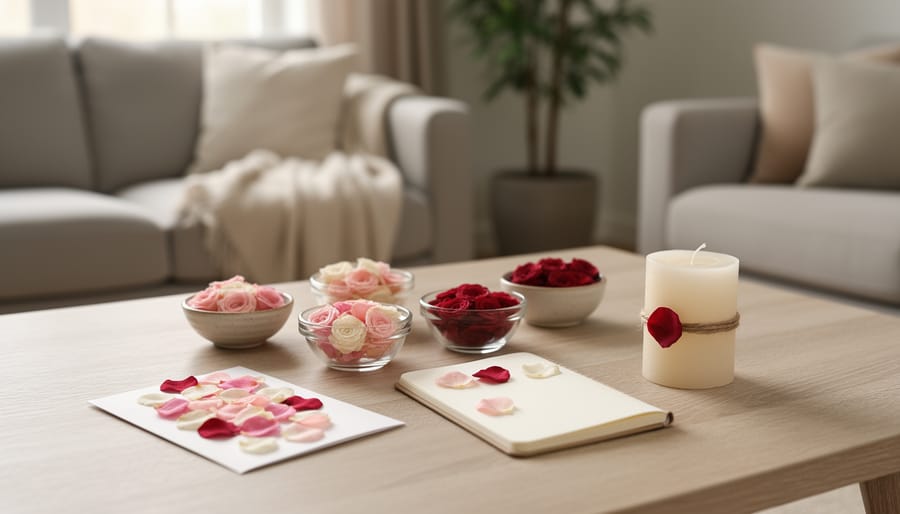 Hand holding miniature rose petals over a wooden surface for crafting