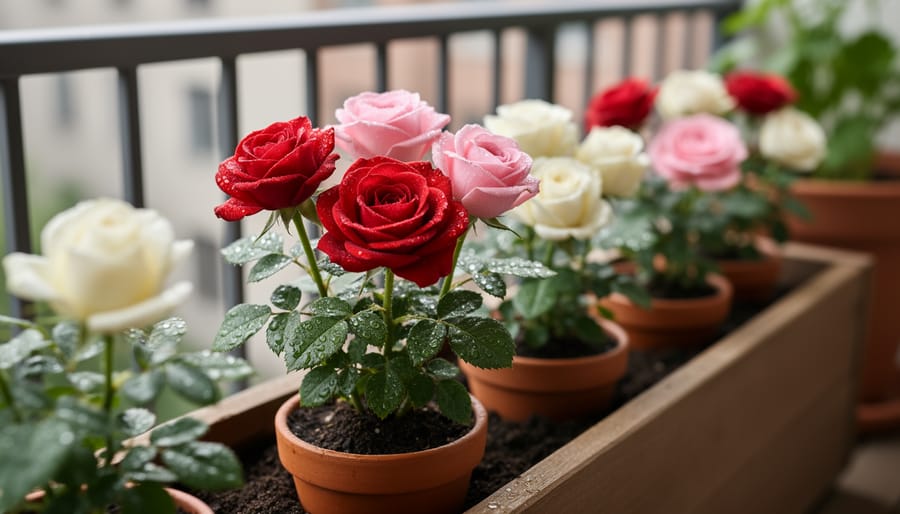Close-up of miniature red and pink rose blooms on a compact green plant