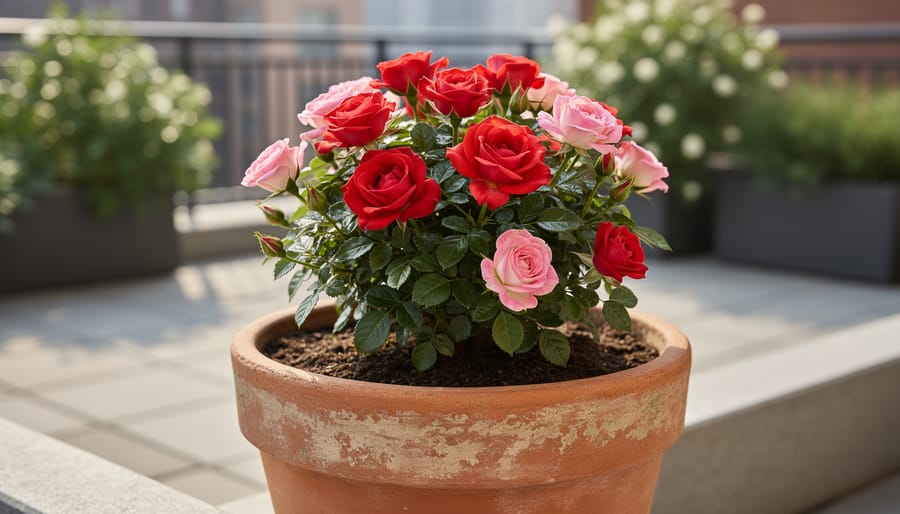 Miniature rose plant in a terracotta container with small red and pink blooms and dense green foliage on a patio edge border.