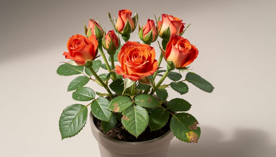Miniature rose plant with small blossoms in a garden bed