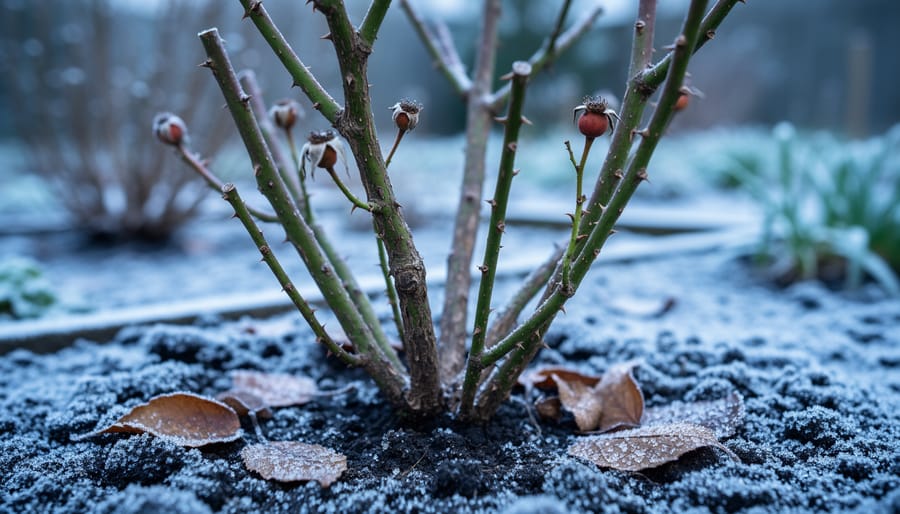 Miniature rose bush with bare canes in winter dormancy