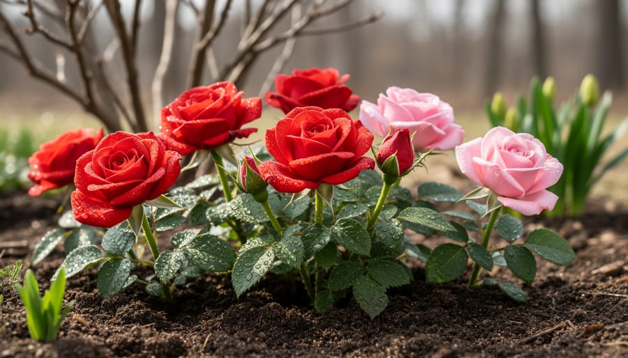 Miniature rose shrubs with red and pink blossoms growing in a garden bed, photographed in soft daylight with emerging spring foliage in the background.