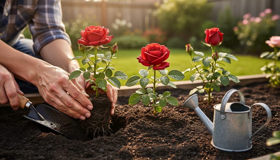 Gardener planting a miniature rose with soil around the root ball